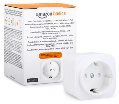 Immagine prodotto di Presa intelligente Amazon Basics, compatibile con Matter, compatibile con Amazon Alexa, Google Home e Apple HomeKit, richiede un hub Matter, solo Wi-Fi a 2,4 GHz, bianco, confezione da 1 pezzo