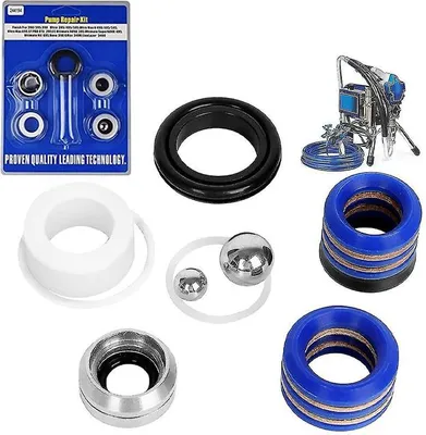 A collection of pump repair kit parts and a spray painting machine.