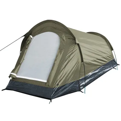 A two-person tunnel tent in olive and tan colors, shown against a white background.