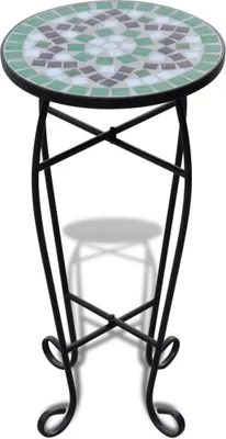A mosaic-topped side table with a black metal stand.