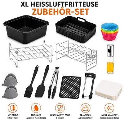Produktbild von XL Heißluftfritteuse Zubehör Set 12-teilig mit Silikonform, Gestellen, Spießhalter, Backpapier, Ölsprüher & Zange