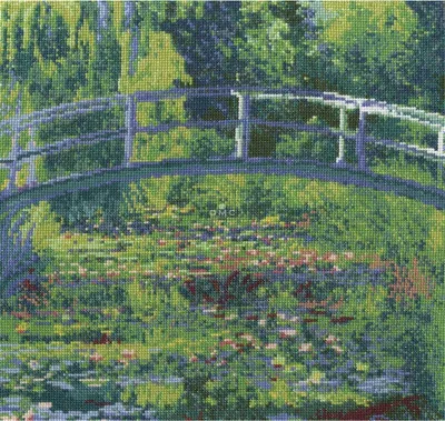 Zdjęcie produktu dla Zestaw do haftu krzyżykowego DMC "Staw z liliami wodnymi i japońskim mostkiem" według Claude'a Moneta, 30x28,7cm, wzór liczony