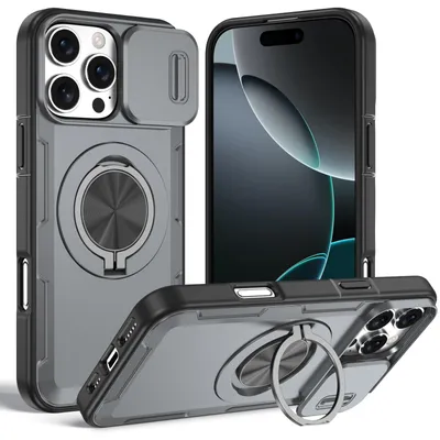 Image de Coque magnétique pour iPhone 16 Pro Max, coque de protection militaire résistante aux chocs avec protection pour l'appareil photo et anneau de fixation/support, gris