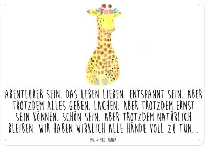 Produktbild von Mr. & Mrs. Panda Schild Giraffe Blumenkranz DIN A6 - Weiß - Geschenk, Afrika, Freundin, Blechschild, Abenteurer, Selbstliebe, Magnetschild, Metallschild, Wandbild, tafel