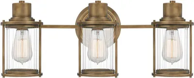 Produktbild von Badezimmerlampe Metall Glas IP44 56 cm breit in Messing verwittert 3-flammig länglich Vintage
