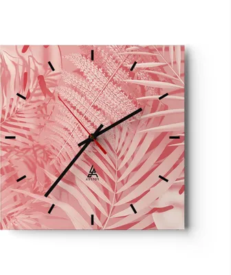 Produktbild von Wanduhr - Quadrat - Glasuhr - Rosa Blätter Palmen - 40x40cm - Schleichendes Uhrwerk - Lautlos - zum Aufhängen bereit - Dekoration Modern - Wanddekoration aus Glas - C3AC40x40-4745