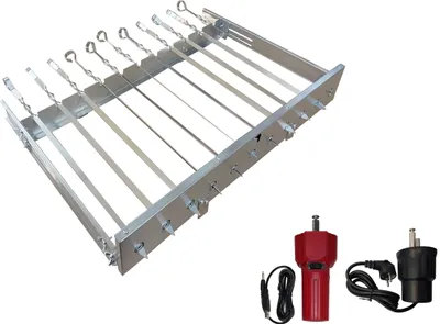 A set of stainless steel skewers and an electric motor for a rotisserie.