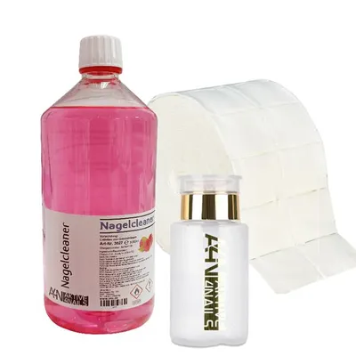 Produktbild von aktive4Nails Nagel Cleaner Set Himbeer 1000ml + Dispenser Pumpflasche Gold Edition 160ml + 500 Zelletten Cellulose Pads 70% Isopropanol Nagelentfetter