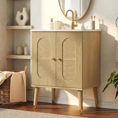 Produktbild von Badezimmerschrank 61cm, freistehend, Holzoptik, Rattan-Türen, Ablageböden, Keramikbecken, ohne Wasserhahn. Schwarz