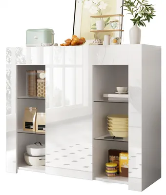 Image de Buffet moderne - 95 x 35 x 83 cm, blanc - Façade brillante et étagère en verre - polyvalent