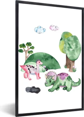 Produktbild von MuchoWow® Gerahmtes Poster Dinosaurier - Kinderzimmer - Wolken - Jungen - Mädchen - Kinder - Kinder 40x60 cm - Poster mit Schwarzem Bilderrahmen Wandposter Rahmen Foto Bilder - Papierdruck - Wandbilder