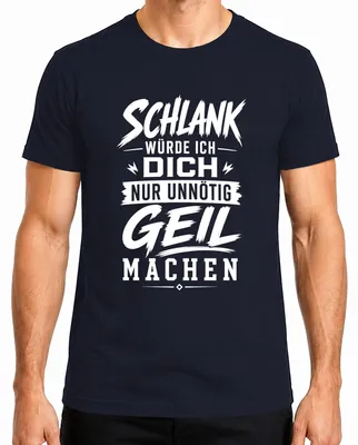 Imagen del producto de Camiseta para hombre, color azul marino, con el texto "Schlank" (delgado), que podría interpretarse como una declaración sarcástica y humorística. Talla S