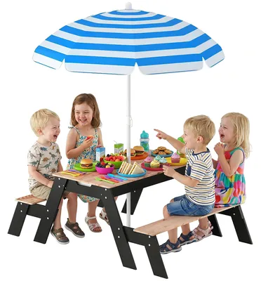 Produktbild von Picknicktisch fš¹r Kinder mit Sonnenschirm, 3-in-1-Gartenm?belset aus Holz fš¹r Kinder von 3-6 Jahren mit 2 Aufbewahrungsboxen, Naturholz