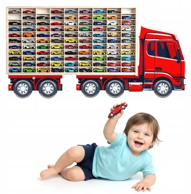 Modellauto-Regal für 80 Autos 1:64 – Wandregal & Setzkasten für Spielzeugautos, Lkw-Motiv, Rot, Birken-Sperrholz, Design 2 – mit Modellautos an der Wand