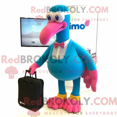 Produktbild von Maskottchencharakter REDBROKOLY eines himmelblauen Flamingos mit Leggings und Aktentasche