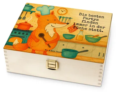 Produktbild von Mr. & Mrs. Panda Holz Teebox Fuchs Koch Design - Weiß - Geschenk, Teedose, Tee Box, Aufbewahrung, für Paare, Bäcker, Kochlöffel, Chefkoch, Party, Hungrig