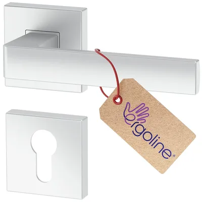 A silver door handle set with a keyhole plate and a product tag.