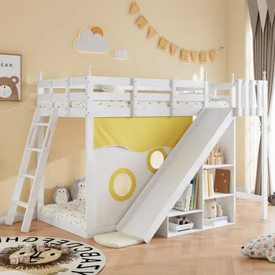 Produktbild von Flieks Etagenbett 90x200cm mit Rutsche & Rausfallschutz, Kinderbett Hochbett mit Leiter & Regal, Holzbett Stockbett mit Lattenrost, Weiß