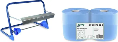 Produktbild von 2 x blaue saugstarke Papierrolle mit Wandhalterung, 1000 Blatt, 22x36 cm | 2-lagige perforierte Papiertücher | für Industrie, Werkstatt und Restaurant | Durchmesser 25 cm