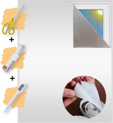 A collage of images showing items for window covering installation: scissors, a measuring tape, a pen-like tool, and a close-up of velcro. A corner of a window with a sun graphic is also shown.