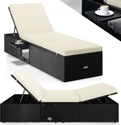 Produktbild von CASARIA® Sonnenliege mit Klapptisch Wetterfest 7cm Auflagen Gartenliegen 160kg Belastbar 7-fach Verstellbar Liegestuhl Polyrattan Schwarz Creme 200x58cm