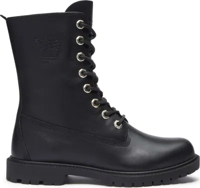 A black Timberland boot is shown against a white background.