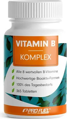 A bottle of ProFuel Vitamin B Komplex Forte supplements against a white background with decorative green leaves.