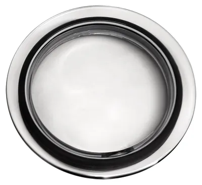 A close-up, top-down view of a round, metallic object, possibly a lid or a handle, against a plain white background.
