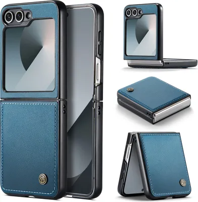 Collage of a blue flip phone case shown from multiple angles, including open, closed, and partially open.