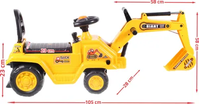 A yellow toy excavator with dimensions indicated by red lines and text.