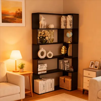 Imagen del producto de Estantería angular - Negra - 5 estantes - Ideal para salón y estudio