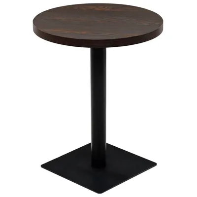 A round bistro table with a dark wood top and a black metal base.