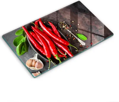 Produktbild von Glasschneideplatte - Herdabdeckplatte - 52x30 cm - Schneidebrett - Spritzschutz - Rote Chilischoten