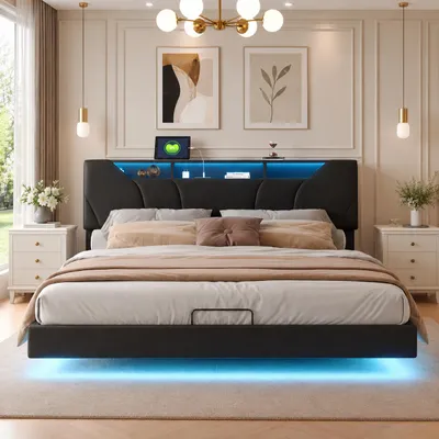 Image de INONEFT, lit rembourré 160x200 cm avec éclairage LED, lit box à ressorts hydraulique avec espace de rangement et sommier à lattes, lit double avec coffre de rangement, en PU, de couleur noire