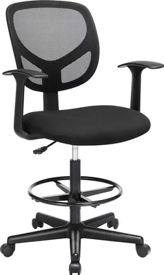 A black office chair with armrests and a footrest, shown from a front-side angle against a white background.