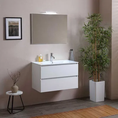 Immagine prodotto di Mobile bagno sospeso 80 cm con cassetti e lavabo in Vetroceramica bianco legno | Berlin
