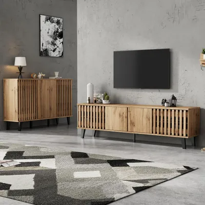 Image de OKWISH Ensemble Meuble TV et Buffet - Meubles de Salon en Bois Naturel avec Pieds Noirs, 180×40×55 cm et 150×40×95 cm