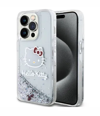 Zdjęcie produktu dla Etui Hello Kitty Liquid Glitter Charms Kitty Head Na Iphone 15 Pro - Srebrne