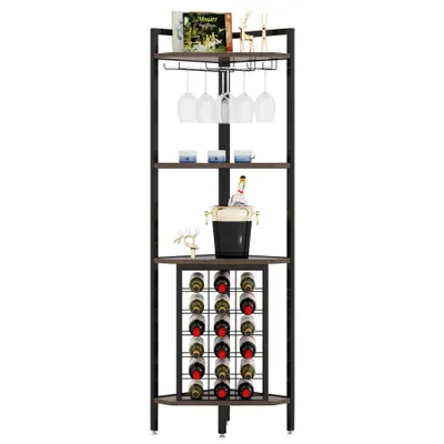 Produktbild von Tribesigns Weinregal Freistehender Boden,4-stöckiges Eck-Weinregal mit Glashalter & Weinaufbewahrung, industrielles Weinregal Weinbar Schrank, Braun