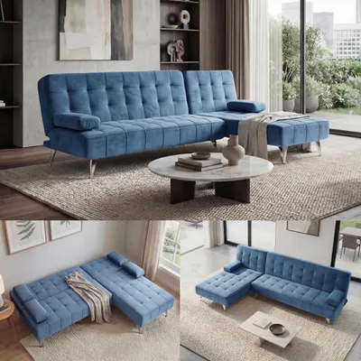 Produktbild von Schlafsofa HWC-K22, Couch Ecksofa Sofa, Liegefläche links/rechts Schlaffunktion 236cm  Samt blau