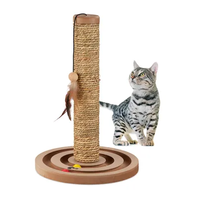 Produktbild von Relaxdays Kratzsäule für Katzen, HxD: 45 x 30 cm, Kratzstamm mit Spielzeug, Seegras-Seil, interaktiver Kratzbaum, braun