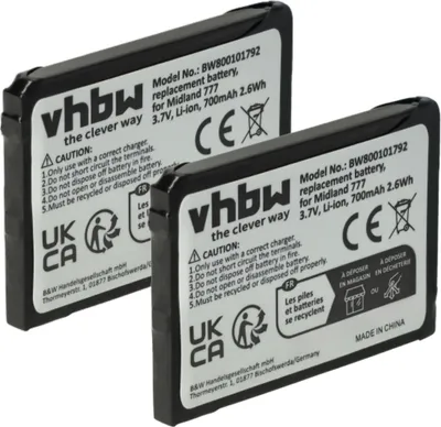 Produktbild von vhbw 2x Akku kompatibel mit Midland PMR446, PMR446+, 777 Funkgerät, Walkie Talkie (700 mAh, 3,7 V, Li-Ion)