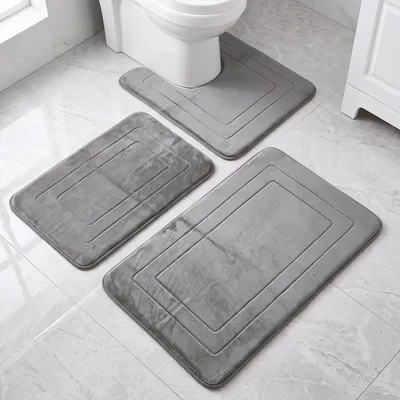 Produktbild von REMZETTA Badezimmerteppich Set 3 Teilig Grau, Badematte rutschfest Memoryschaum Badteppich Set, Waschbar Badvorleger, Wasserabsorbierend Duschvorleger
