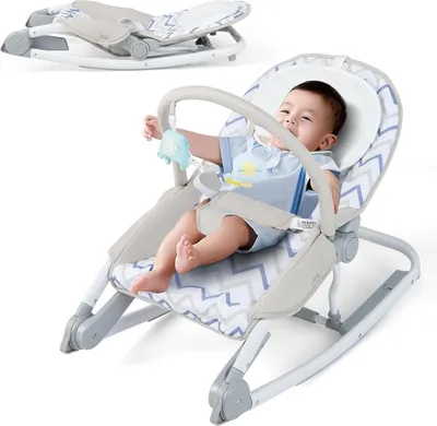Image de Transat et balancelle pour bébé - Pliable 2 en 1 - Dossier réglable en 3 positions - Arceau de jeu amovible - Ceinture de sécurité - Pour les 0 à 6 mois - Jusqu'à 5 kg - Gris