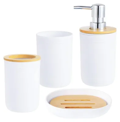 Immagine prodotto di Set di accessori da bagno, 4 pezzi, bambù e plastica, colore bianco