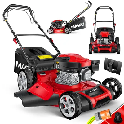 Produktbild von MASKO® Benzin Rasenmäher 5in1 Radantrieb EasyClean Reinigungsfunktion Mulchfunktion Seitenauswurf hohe Schnittbreite 8-fache Schnitthöhenverstellung | 4 Takt Motor | inkl. Fangkorb