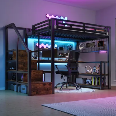 Produktbild von Flieks Etagenbett 140x200cm mit Schreibtisch und Ladefunktion, Hochbett mit Treppe und Hängegitter, Kinderbett Metallbett mit Led und Regal, Schwarz