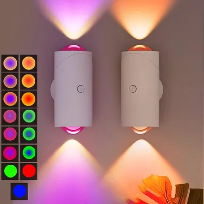 Produktbild von 2er-Set LED-Wandleuchten mit Bewegungsmelder, Magnetisch, RGB 7 Farben, Akku, Kabelloses Nachtlicht für Schlafzimmer, Bad, Flur & Treppe