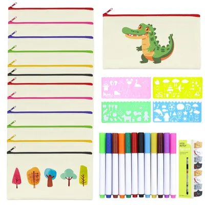 Produktbild von 12 selbstgenähte Stoffhüllen, Stoffbeutel mit Reißverschluss, bemalbare Taschen für Kinder, Bastelmaterialien, Aufbewahrungstaschen