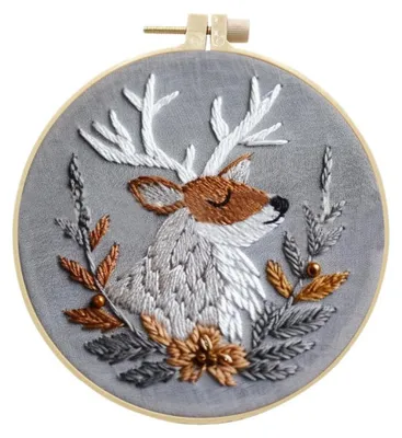 Borduurset für Anfänger, Hirsch mit Laub, DIY, 6-teilig